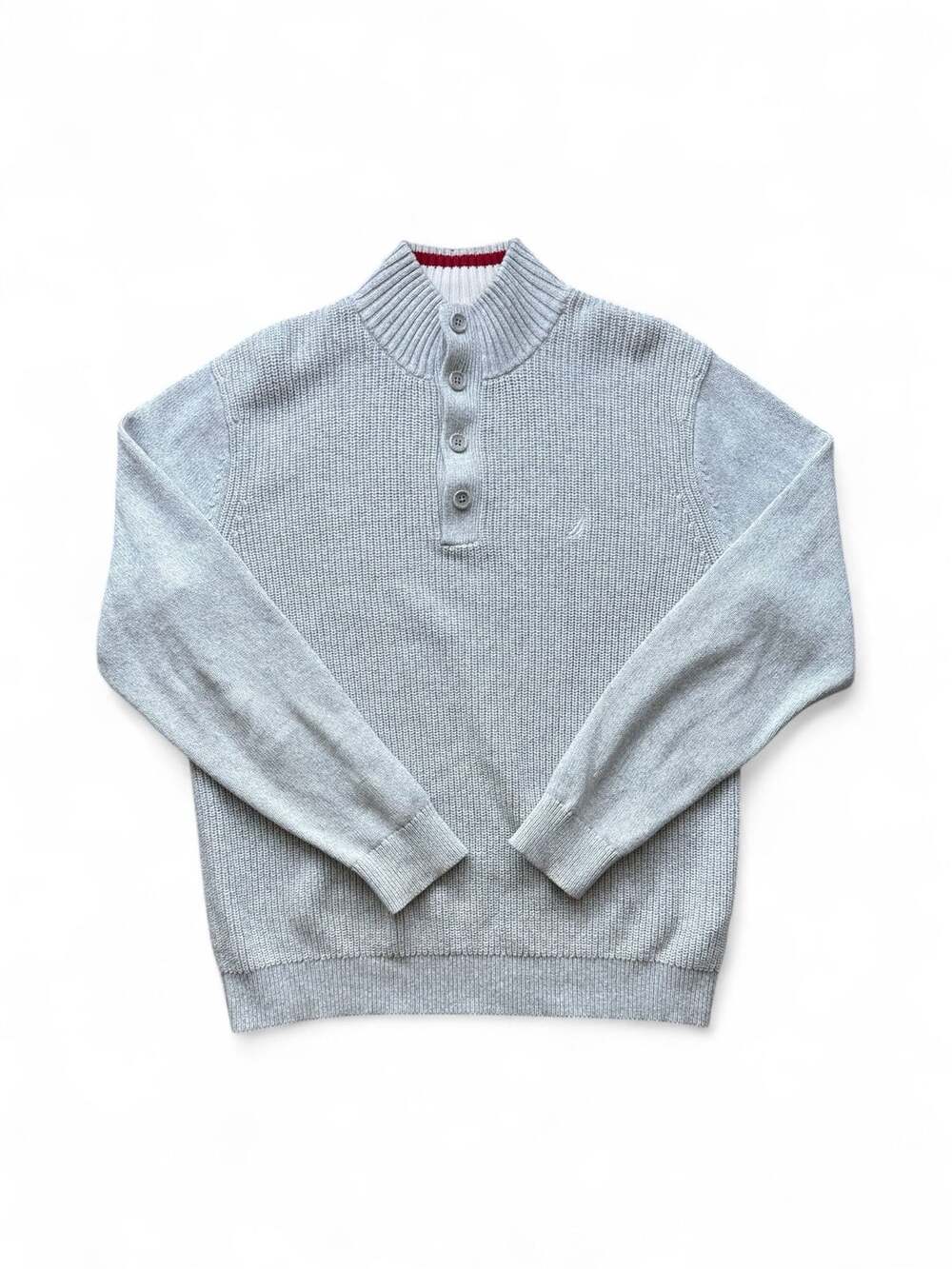 Nautica Men's Four Button Mock Neck Pullover Logo Sweater Light Gray Size L